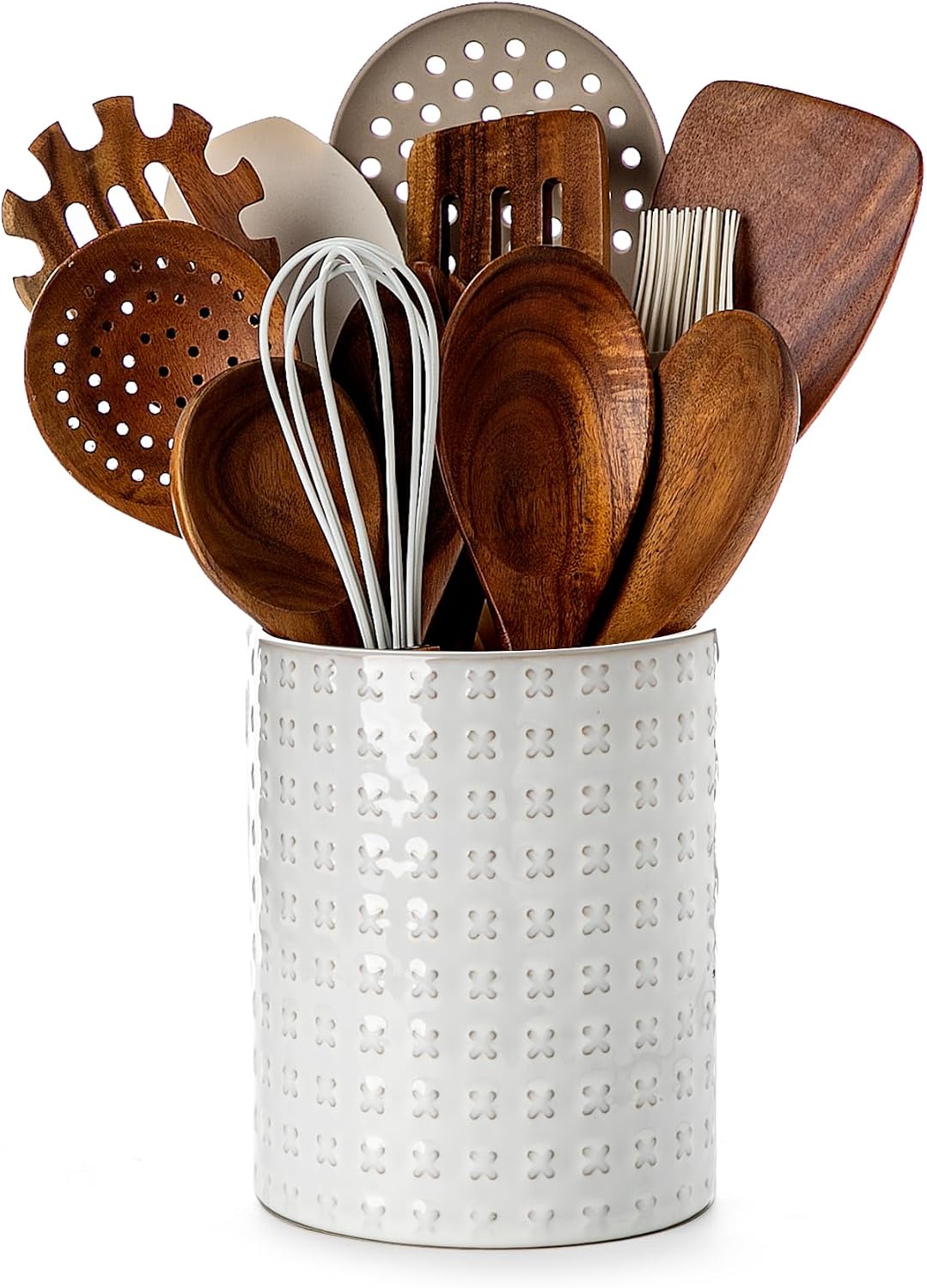 Ceramic Rotating Kitchen Utensil Holder for Countertop, 7.2'' Stone Black | 360° Large Cooking Utensil Crock for Kitchen Counter Organizer, Wooden Base No-Slip, Farmhouse Decor, Christmas Gift