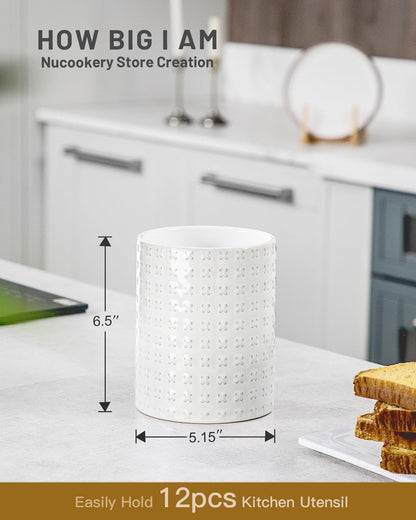 Ceramic Rotating Kitchen Utensil Holder for Countertop, 7.2'' Stone Black | 360° Large Cooking Utensil Crock for Kitchen Counter Organizer, Wooden Base No-Slip, Farmhouse Decor, Christmas Gift