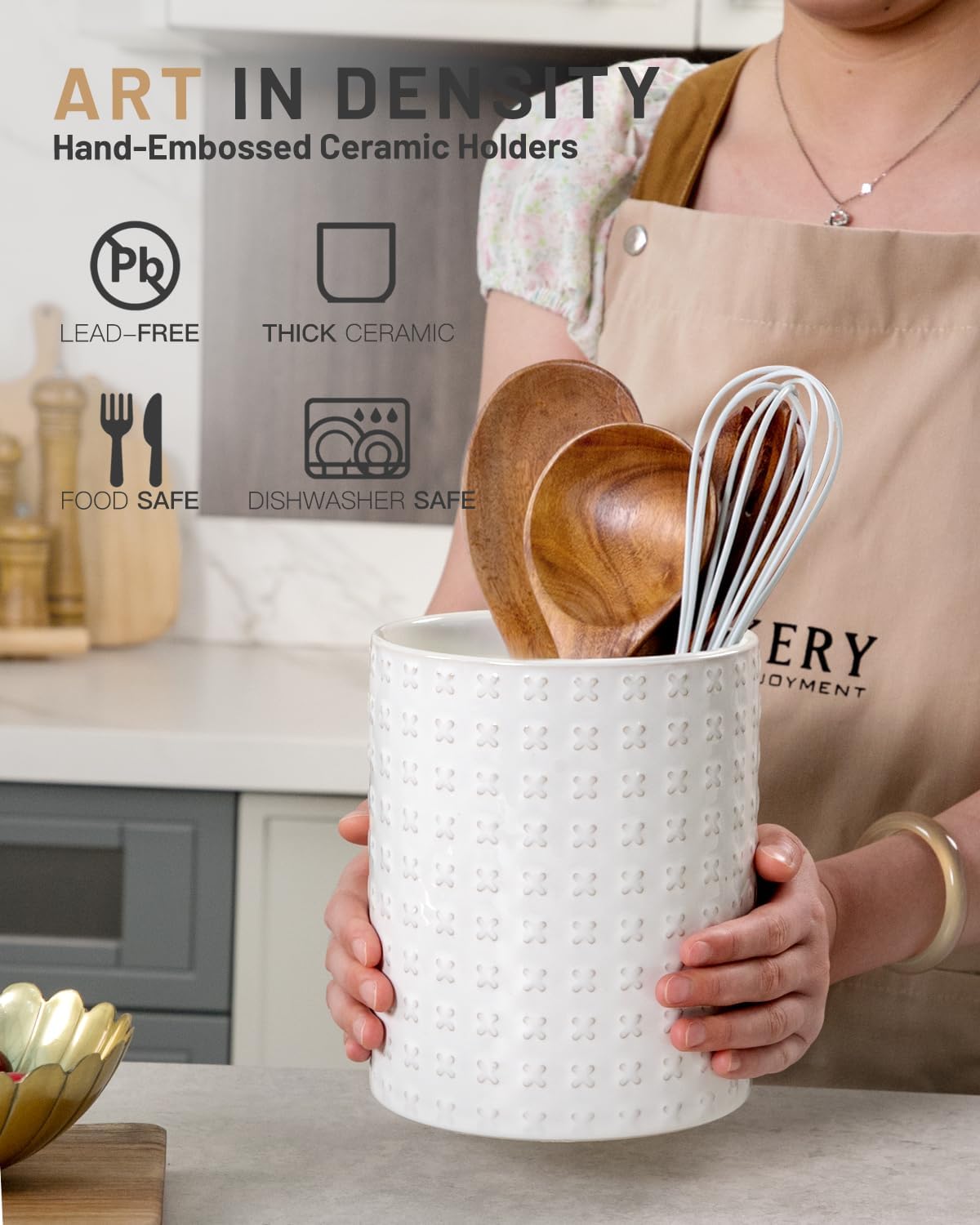 Ceramic Rotating Kitchen Utensil Holder for Countertop, 7.2'' Stone Black | 360° Large Cooking Utensil Crock for Kitchen Counter Organizer, Wooden Base No-Slip, Farmhouse Decor, Christmas Gift