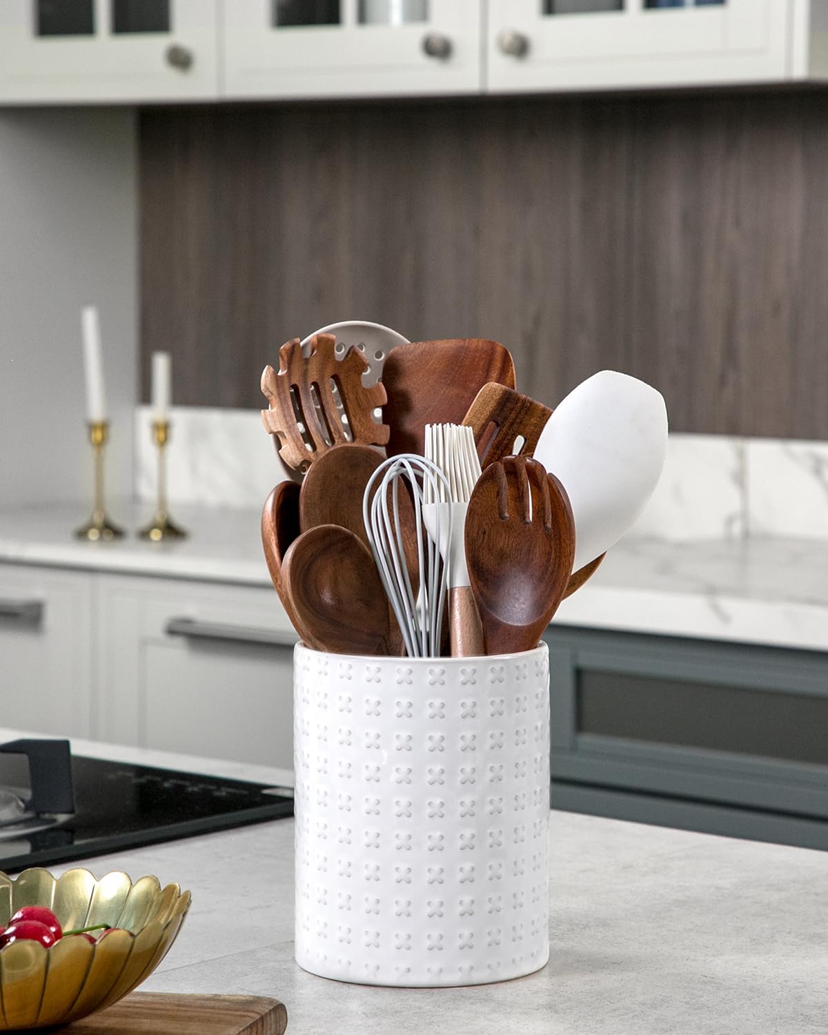 Ceramic Rotating Kitchen Utensil Holder for Countertop, 7.2'' Stone Black | 360° Large Cooking Utensil Crock for Kitchen Counter Organizer, Wooden Base No-Slip, Farmhouse Decor, Christmas Gift