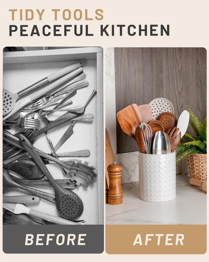 Ceramic Rotating Kitchen Utensil Holder for Countertop, 7.2'' Stone Black | 360° Large Cooking Utensil Crock for Kitchen Counter Organizer, Wooden Base No-Slip, Farmhouse Decor, Christmas Gift