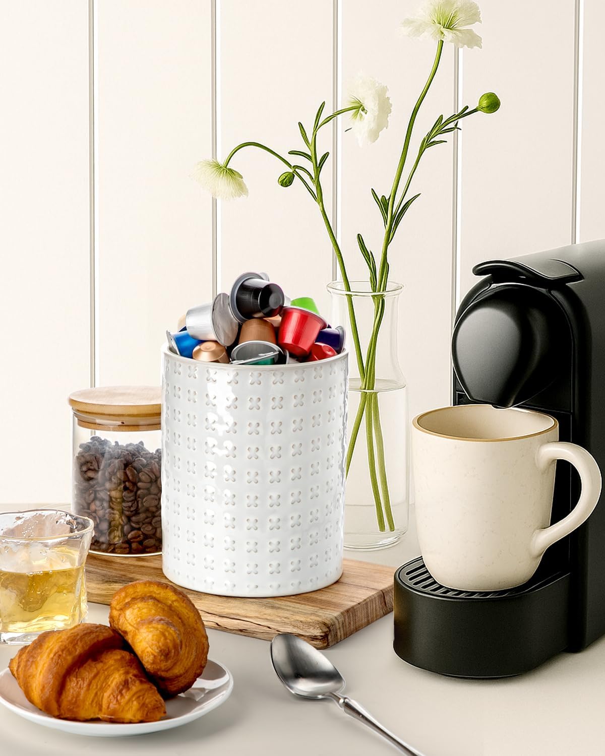 Ceramic Rotating Kitchen Utensil Holder for Countertop, 7.2'' Stone Black | 360° Large Cooking Utensil Crock for Kitchen Counter Organizer, Wooden Base No-Slip, Farmhouse Decor, Christmas Gift