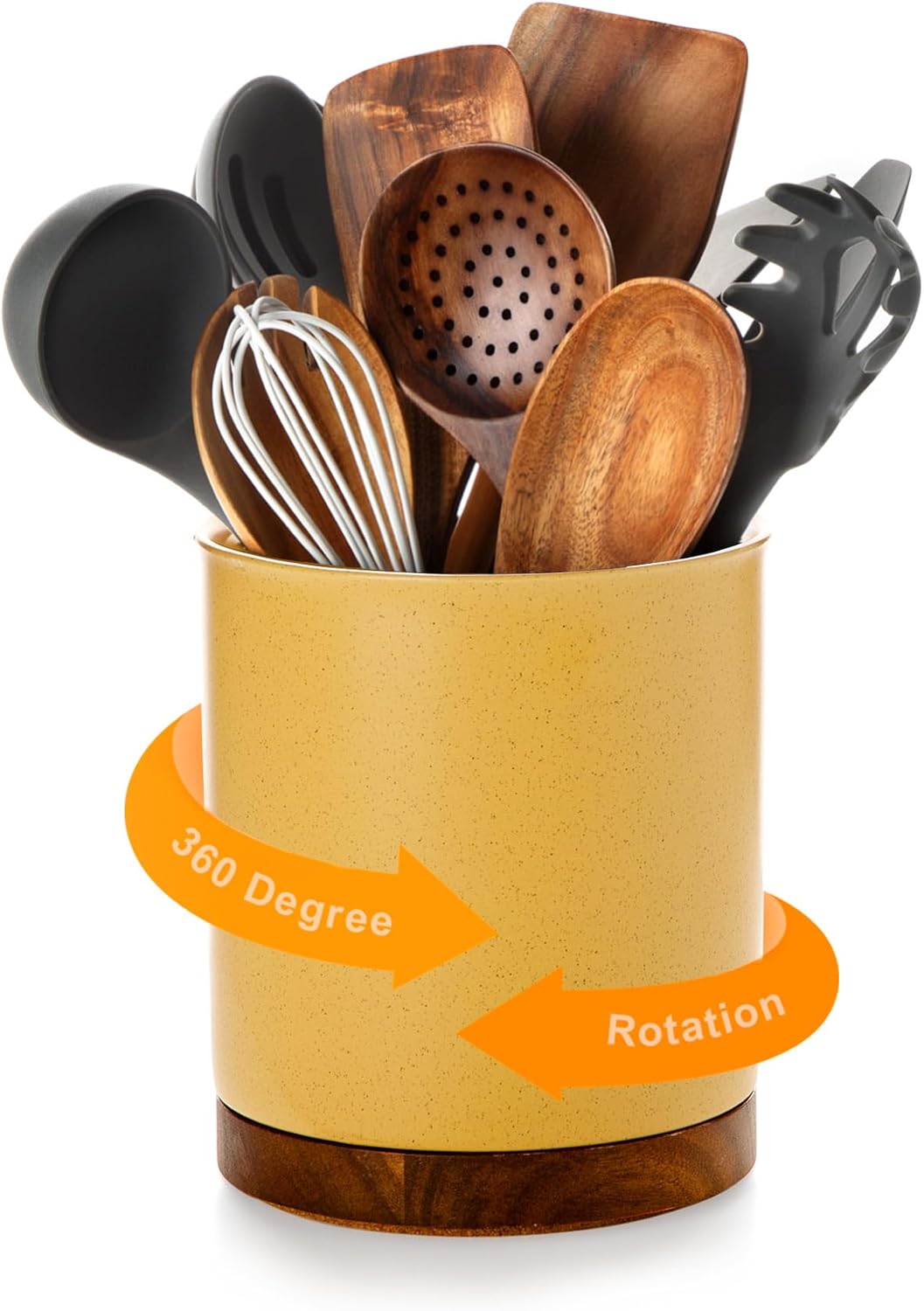Ceramic Rotating Kitchen Utensil Holder for Countertop, 7.2'' Stone Black | 360° Large Cooking Utensil Crock for Kitchen Counter Organizer, Wooden Base No-Slip, Farmhouse Decor, Christmas Gift