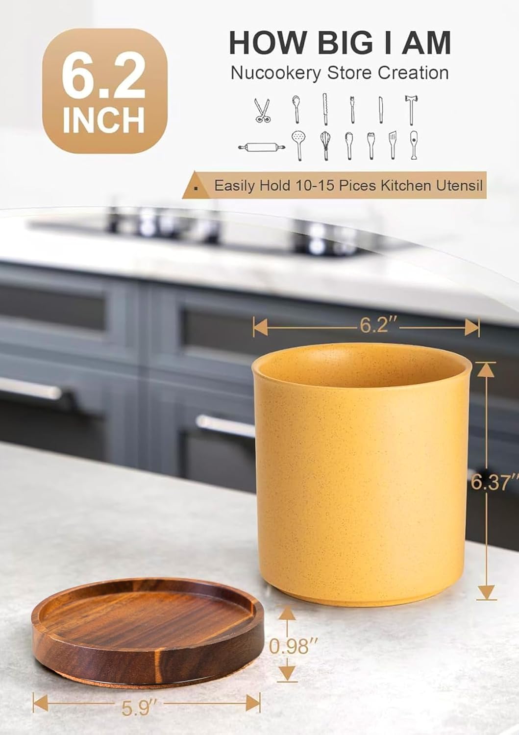 Ceramic Rotating Kitchen Utensil Holder for Countertop, 7.2'' Stone Black | 360° Large Cooking Utensil Crock for Kitchen Counter Organizer, Wooden Base No-Slip, Farmhouse Decor, Christmas Gift