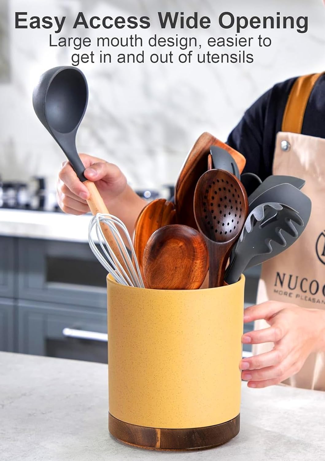 Ceramic Rotating Kitchen Utensil Holder for Countertop, 7.2'' Stone Black | 360° Large Cooking Utensil Crock for Kitchen Counter Organizer, Wooden Base No-Slip, Farmhouse Decor, Christmas Gift