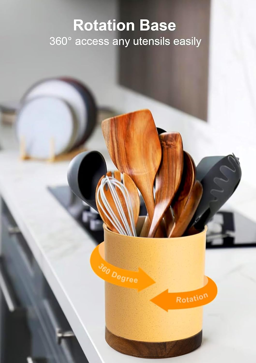 Ceramic Rotating Kitchen Utensil Holder for Countertop, 7.2'' Stone Black | 360° Large Cooking Utensil Crock for Kitchen Counter Organizer, Wooden Base No-Slip, Farmhouse Decor, Christmas Gift