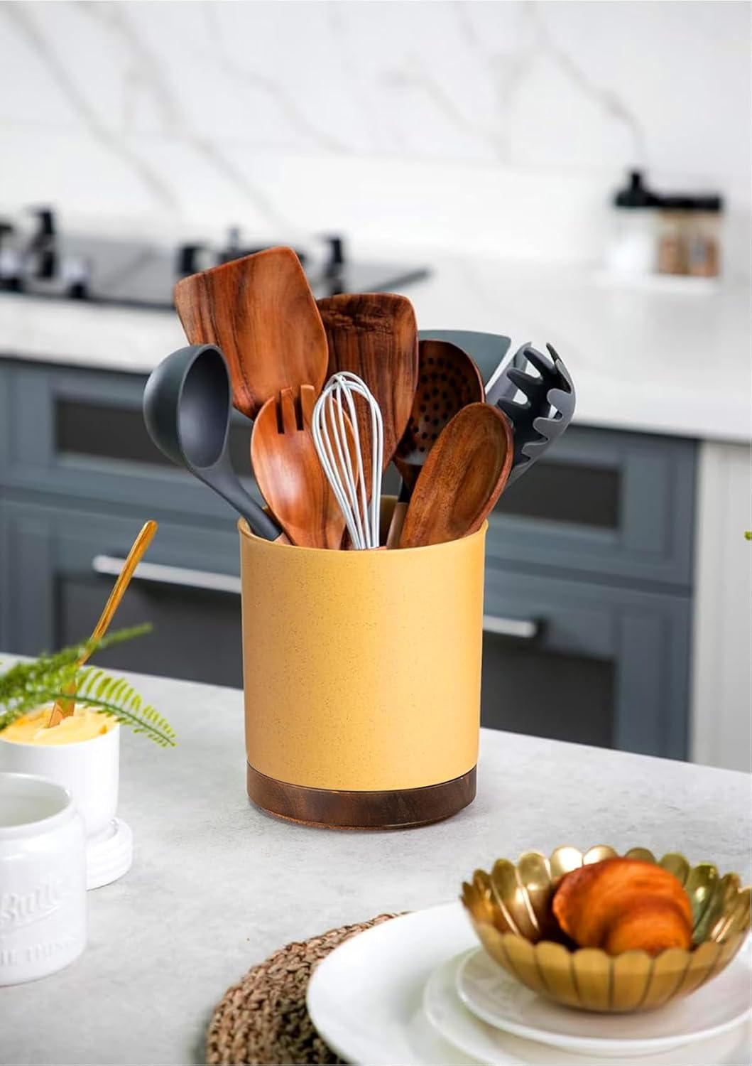 Ceramic Rotating Kitchen Utensil Holder for Countertop, 7.2'' Stone Black | 360° Large Cooking Utensil Crock for Kitchen Counter Organizer, Wooden Base No-Slip, Farmhouse Decor, Christmas Gift