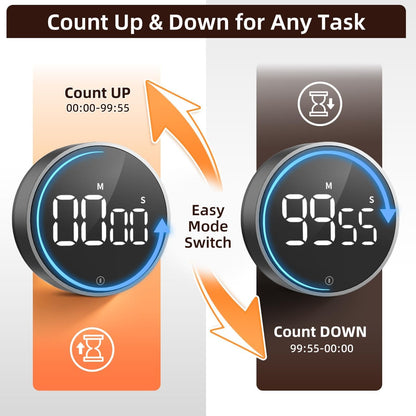 Digital Magnetic Kitchen Timer & Stopwatch with LED Display, Space Gray