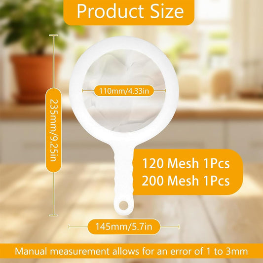 2 Pack Ultra-Fine Nylon Mesh Strainer, 120/200 Mesh Kitchen Colander with Plastic Non-Slip Handle for Filtering Juice, Milk, Soy, Coffee, Honey, Wine, Yogurt