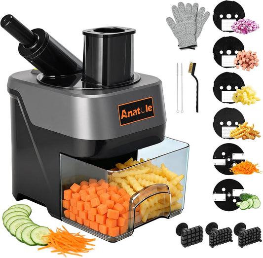 6-In-1 Electric Commercial Food Processor Vegetable Chopper Dicer | Veggie Cuber Slicer Shredder & Crinkle Cutter, Auto Discharge, Dual Food Inlets, with Container, for Potato Onion Carrot 100W