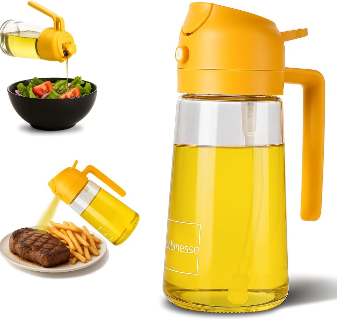 2 in 1 Oil Dispenser and Oil Sprayer for Cooking, 16oz/470ml Glass Olive Oil Dispenser Bottle Kitchen Gadget & Air Fryer Accessories for Salad, BBQ, Frying and Baking (Yellow)