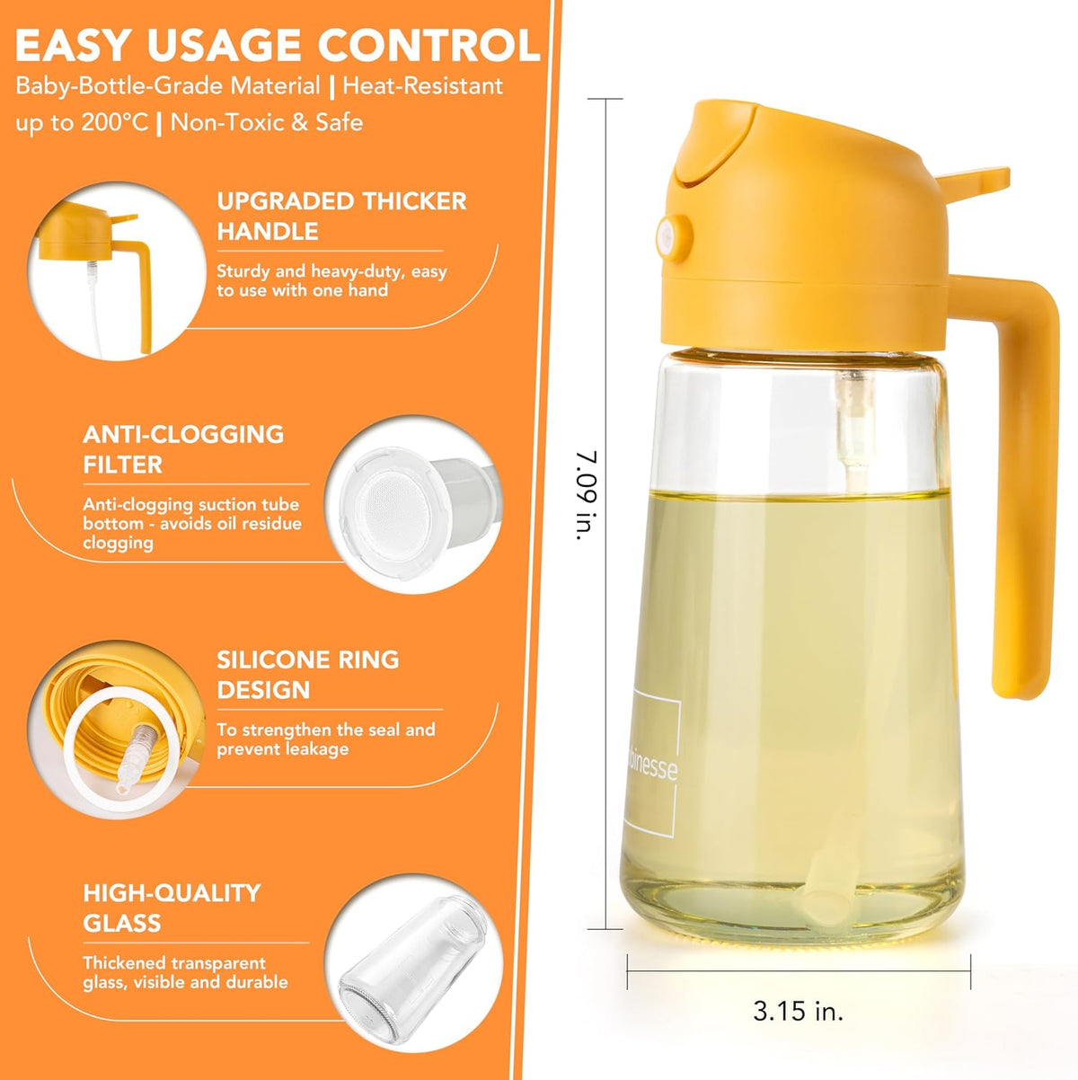 2 in 1 Oil Dispenser and Oil Sprayer for Cooking, 16oz/470ml Glass Olive Oil Dispenser Bottle Kitchen Gadget & Air Fryer Accessories for Salad, BBQ, Frying and Baking (Yellow)