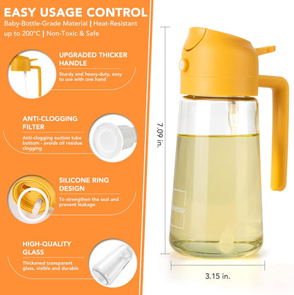 2 in 1 Oil Dispenser and Oil Sprayer for Cooking, 16oz/470ml Glass Olive Oil Dispenser Bottle Kitchen Gadget & Air Fryer Accessories for Salad, BBQ, Frying and Baking (Yellow)