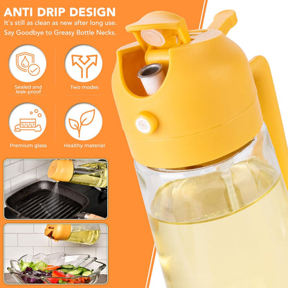 2 in 1 Oil Dispenser and Oil Sprayer for Cooking, 16oz/470ml Glass Olive Oil Dispenser Bottle Kitchen Gadget & Air Fryer Accessories for Salad, BBQ, Frying and Baking (Yellow)