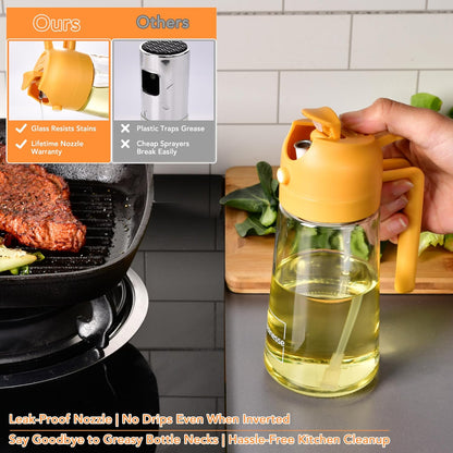 2 in 1 Oil Dispenser and Oil Sprayer for Cooking, 16oz/470ml Glass Olive Oil Dispenser Bottle Kitchen Gadget & Air Fryer Accessories for Salad, BBQ, Frying and Baking (Yellow)