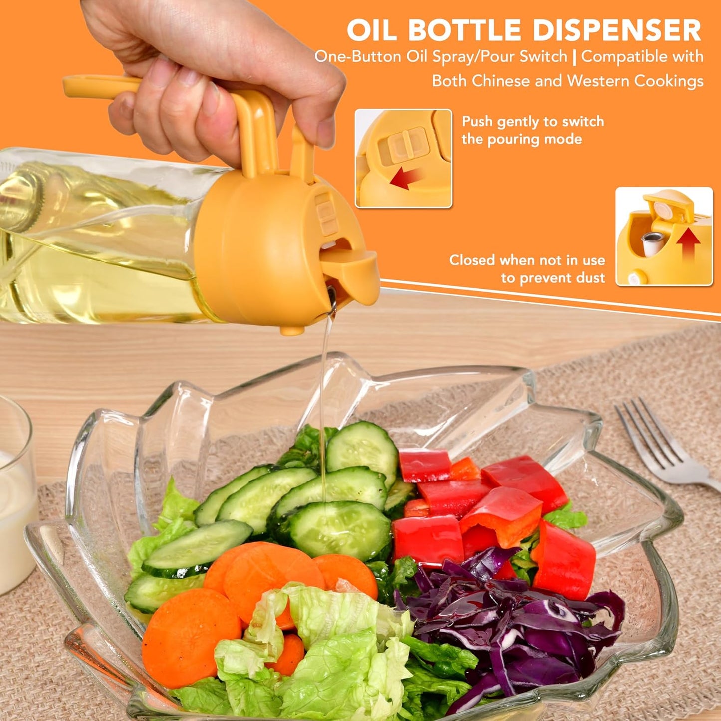 2 in 1 Oil Dispenser and Oil Sprayer for Cooking, 16oz/470ml Glass Olive Oil Dispenser Bottle Kitchen Gadget & Air Fryer Accessories for Salad, BBQ, Frying and Baking (Yellow)