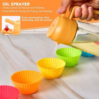 2 in 1 Oil Dispenser and Oil Sprayer for Cooking, 16oz/470ml Glass Olive Oil Dispenser Bottle Kitchen Gadget & Air Fryer Accessories for Salad, BBQ, Frying and Baking (Yellow)