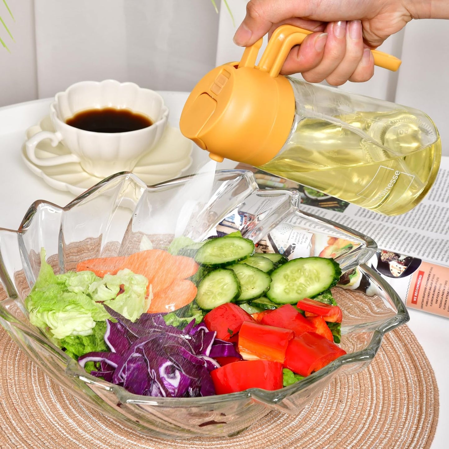 2 in 1 Oil Dispenser and Oil Sprayer for Cooking, 16oz/470ml Glass Olive Oil Dispenser Bottle Kitchen Gadget & Air Fryer Accessories for Salad, BBQ, Frying and Baking (Yellow)
