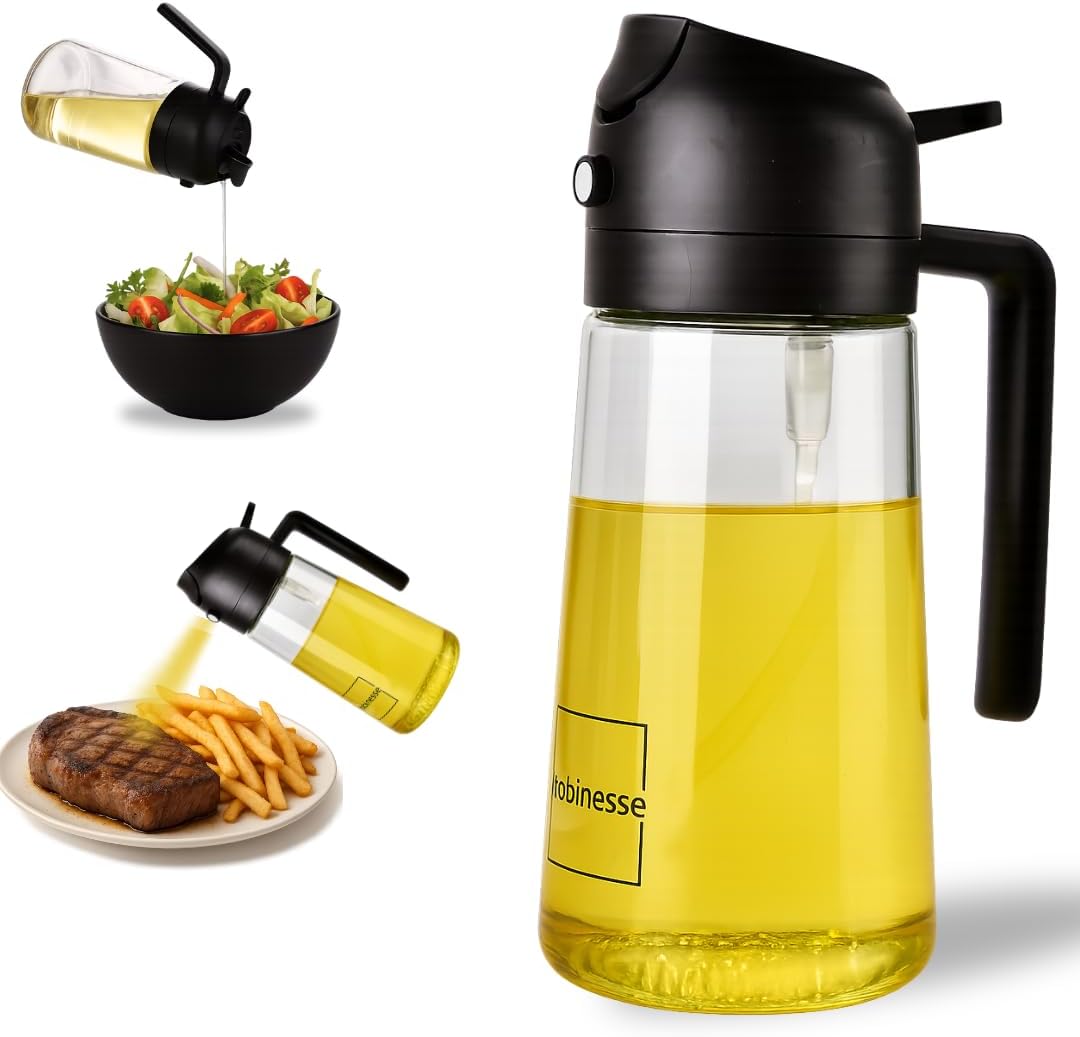 2 in 1 Oil Dispenser and Oil Sprayer for Cooking, 16oz/470ml Glass Olive Oil Dispenser Bottle Kitchen Gadget & Air Fryer Accessories for Salad, BBQ, Frying and Baking (Yellow)