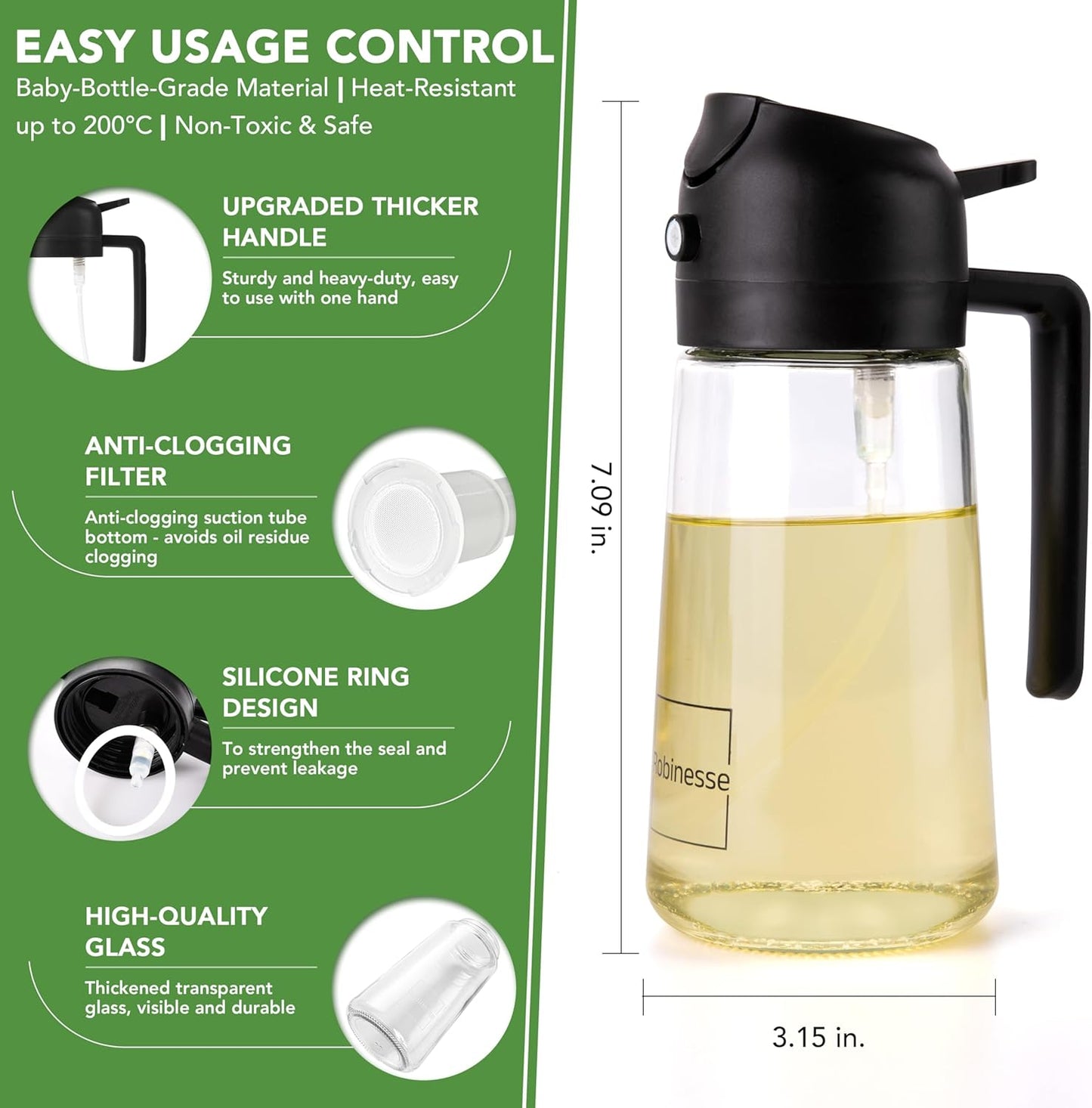 2 in 1 Oil Dispenser and Oil Sprayer for Cooking, 16oz/470ml Glass Olive Oil Dispenser Bottle Kitchen Gadget & Air Fryer Accessories for Salad, BBQ, Frying and Baking (Yellow)