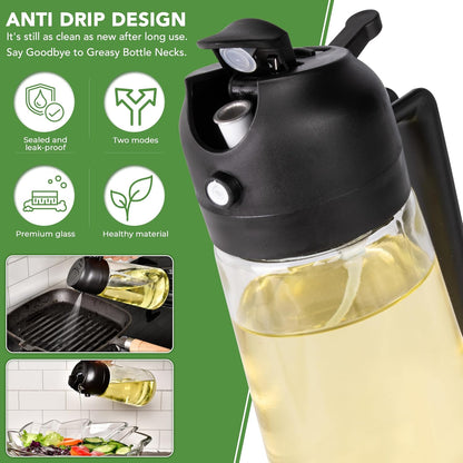 2 in 1 Oil Dispenser and Oil Sprayer for Cooking, 16oz/470ml Glass Olive Oil Dispenser Bottle Kitchen Gadget & Air Fryer Accessories for Salad, BBQ, Frying and Baking (Yellow)