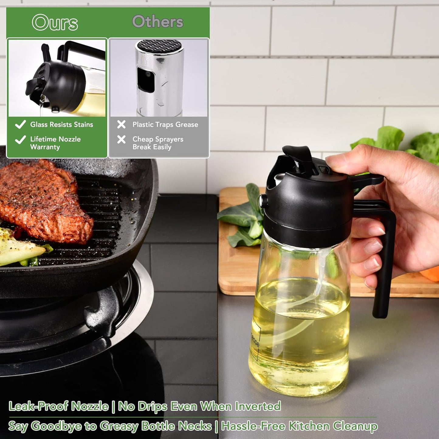 2 in 1 Oil Dispenser and Oil Sprayer for Cooking, 16oz/470ml Glass Olive Oil Dispenser Bottle Kitchen Gadget & Air Fryer Accessories for Salad, BBQ, Frying and Baking (Yellow)