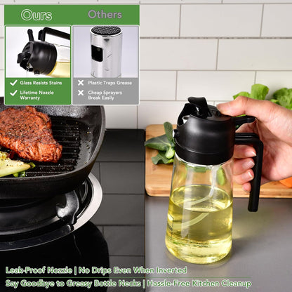 2 in 1 Oil Dispenser and Oil Sprayer for Cooking, 16oz/470ml Glass Olive Oil Dispenser Bottle Kitchen Gadget & Air Fryer Accessories for Salad, BBQ, Frying and Baking (Yellow)