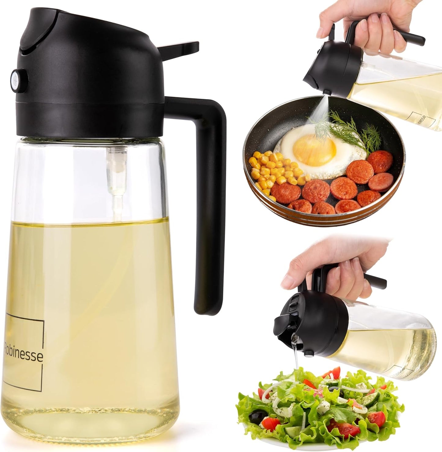 2 in 1 Oil Dispenser and Oil Sprayer for Cooking, 16oz/470ml Glass Olive Oil Dispenser Bottle Kitchen Gadget & Air Fryer Accessories for Salad, BBQ, Frying and Baking (Yellow)