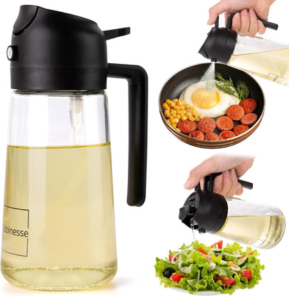 2 in 1 Oil Dispenser and Oil Sprayer for Cooking, 16oz/470ml Glass Olive Oil Dispenser Bottle Kitchen Gadget & Air Fryer Accessories for Salad, BBQ, Frying and Baking (Yellow)