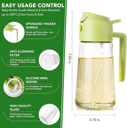 2 in 1 Oil Dispenser and Oil Sprayer for Cooking, 16oz/470ml Glass Olive Oil Dispenser Bottle Kitchen Gadget & Air Fryer Accessories for Salad, BBQ, Frying and Baking (Yellow)