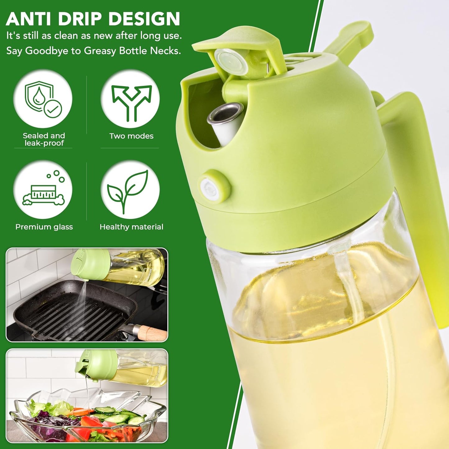 2 in 1 Oil Dispenser and Oil Sprayer for Cooking, 16oz/470ml Glass Olive Oil Dispenser Bottle Kitchen Gadget & Air Fryer Accessories for Salad, BBQ, Frying and Baking (Yellow)