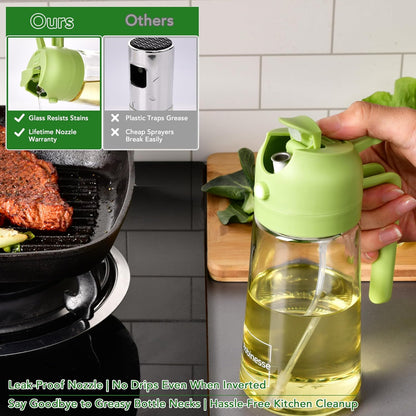 2 in 1 Oil Dispenser and Oil Sprayer for Cooking, 16oz/470ml Glass Olive Oil Dispenser Bottle Kitchen Gadget & Air Fryer Accessories for Salad, BBQ, Frying and Baking (Yellow)