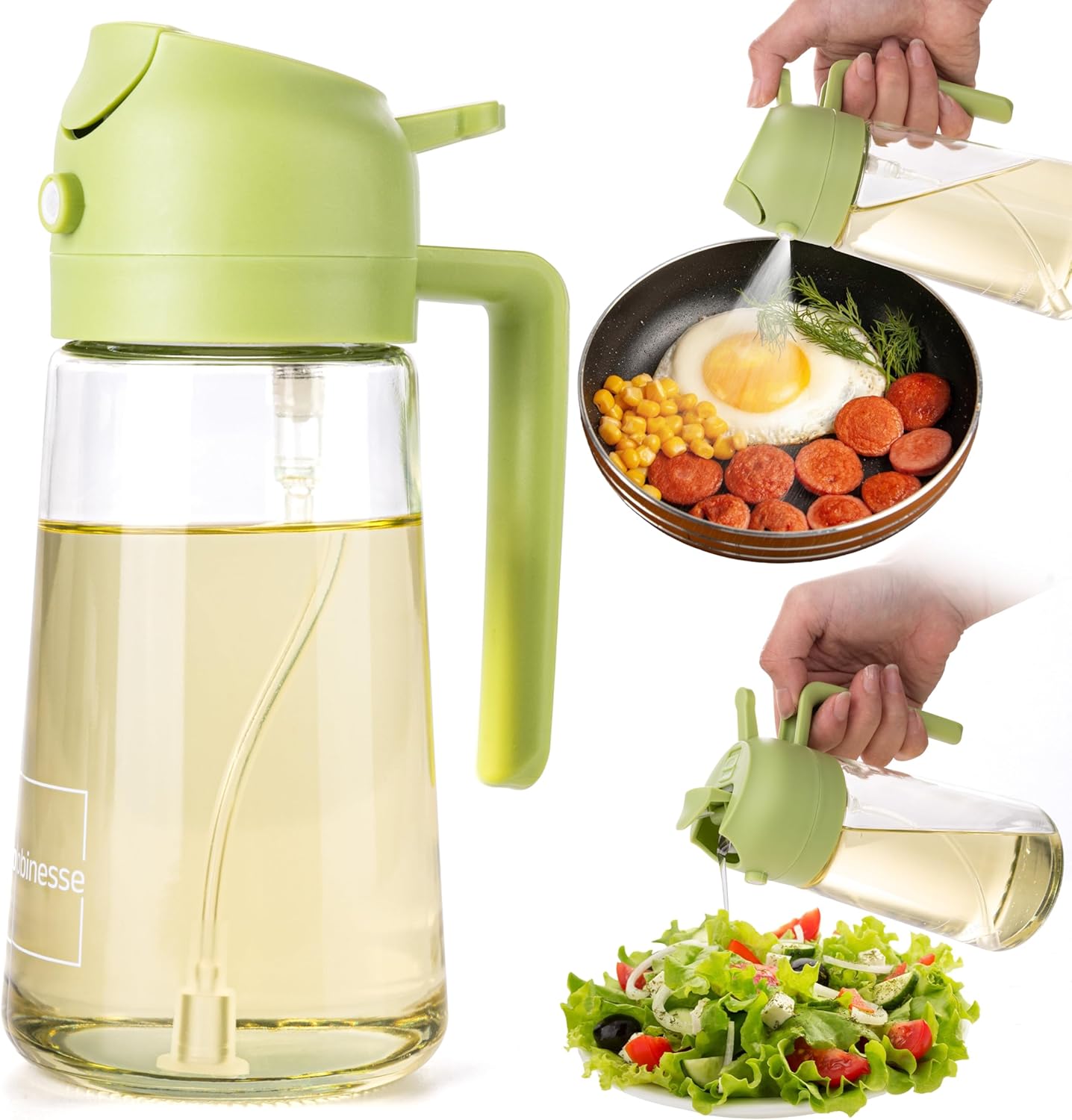 2 in 1 Oil Dispenser and Oil Sprayer for Cooking, 16oz/470ml Glass Olive Oil Dispenser Bottle Kitchen Gadget & Air Fryer Accessories for Salad, BBQ, Frying and Baking (Yellow)