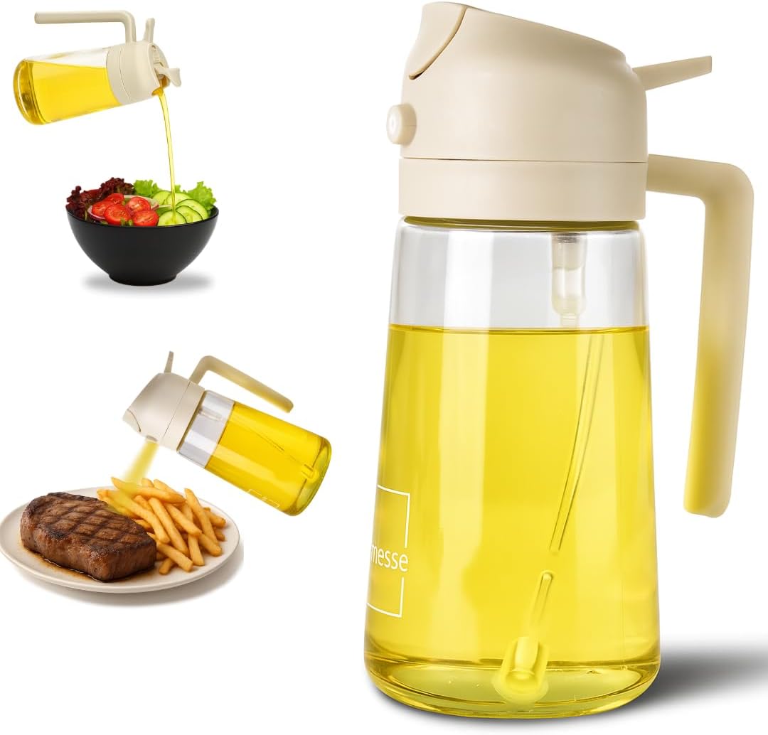 2 in 1 Oil Dispenser and Oil Sprayer for Cooking, 16oz/470ml Glass Olive Oil Dispenser Bottle Kitchen Gadget & Air Fryer Accessories for Salad, BBQ, Frying and Baking (Yellow)