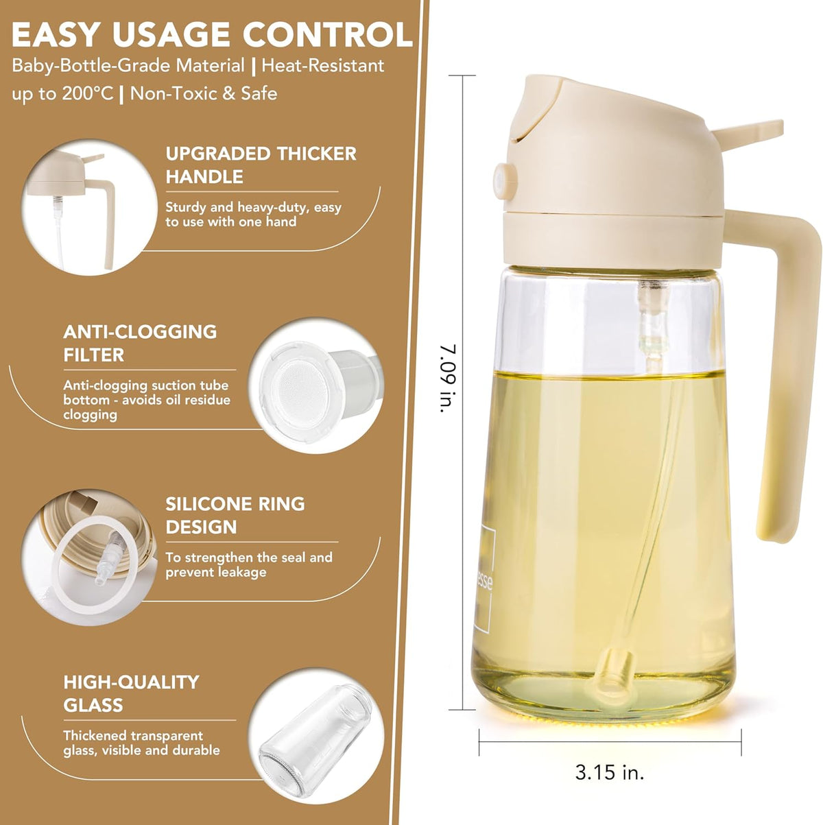 2 in 1 Oil Dispenser and Oil Sprayer for Cooking, 16oz/470ml Glass Olive Oil Dispenser Bottle Kitchen Gadget & Air Fryer Accessories for Salad, BBQ, Frying and Baking (Yellow)