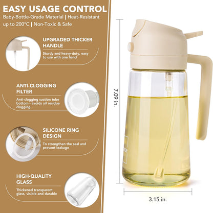 2 in 1 Oil Dispenser and Oil Sprayer for Cooking, 16oz/470ml Glass Olive Oil Dispenser Bottle Kitchen Gadget & Air Fryer Accessories for Salad, BBQ, Frying and Baking (Yellow)