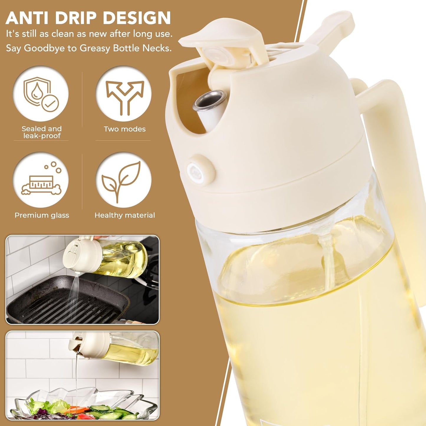 2 in 1 Oil Dispenser and Oil Sprayer for Cooking, 16oz/470ml Glass Olive Oil Dispenser Bottle Kitchen Gadget & Air Fryer Accessories for Salad, BBQ, Frying and Baking (Yellow)