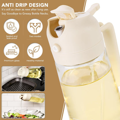 2 in 1 Oil Dispenser and Oil Sprayer for Cooking, 16oz/470ml Glass Olive Oil Dispenser Bottle Kitchen Gadget & Air Fryer Accessories for Salad, BBQ, Frying and Baking (Yellow)