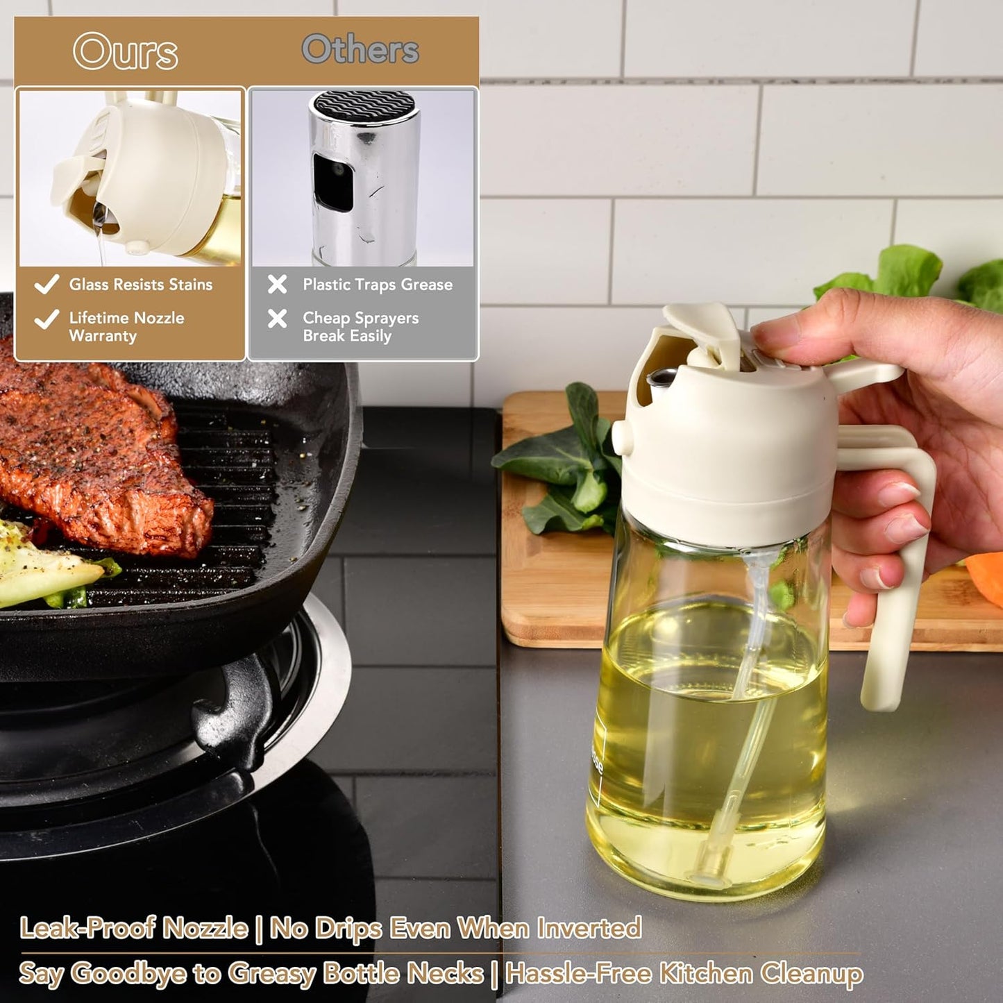 2 in 1 Oil Dispenser and Oil Sprayer for Cooking, 16oz/470ml Glass Olive Oil Dispenser Bottle Kitchen Gadget & Air Fryer Accessories for Salad, BBQ, Frying and Baking (Yellow)