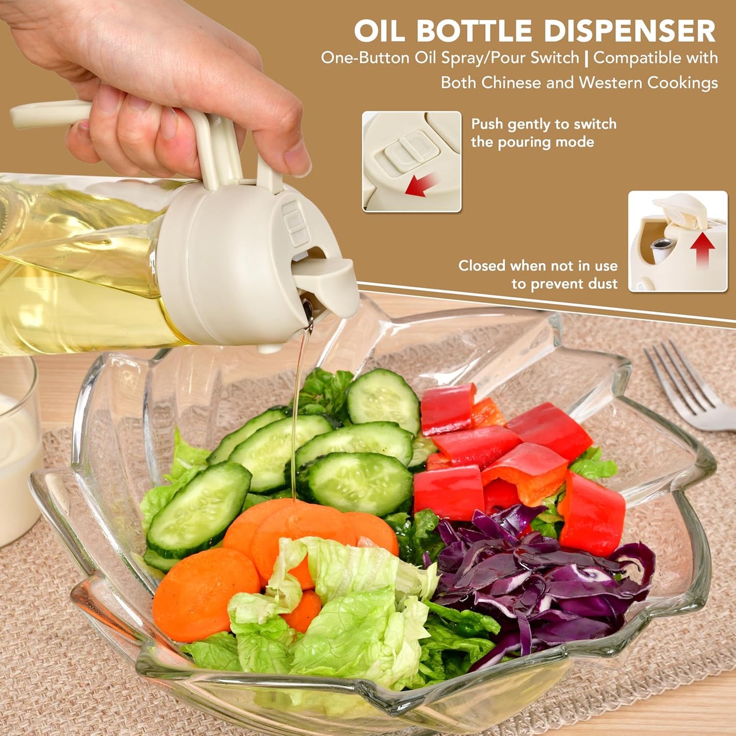 2 in 1 Oil Dispenser and Oil Sprayer for Cooking, 16oz/470ml Glass Olive Oil Dispenser Bottle Kitchen Gadget & Air Fryer Accessories for Salad, BBQ, Frying and Baking (Yellow)