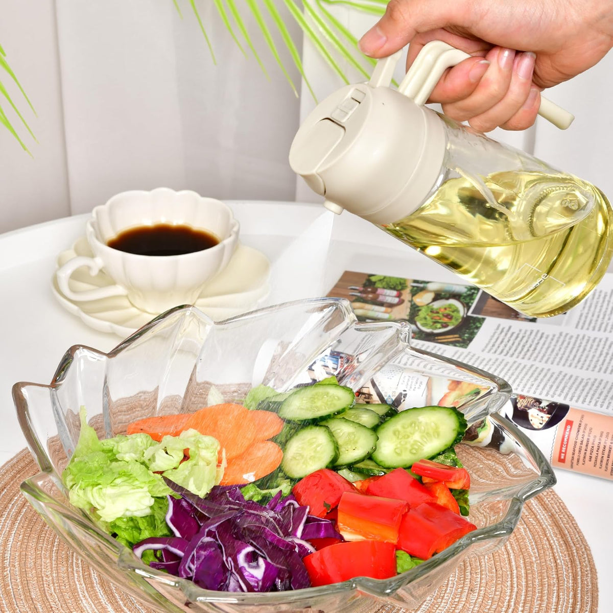 2 in 1 Oil Dispenser and Oil Sprayer for Cooking, 16oz/470ml Glass Olive Oil Dispenser Bottle Kitchen Gadget & Air Fryer Accessories for Salad, BBQ, Frying and Baking (Yellow)