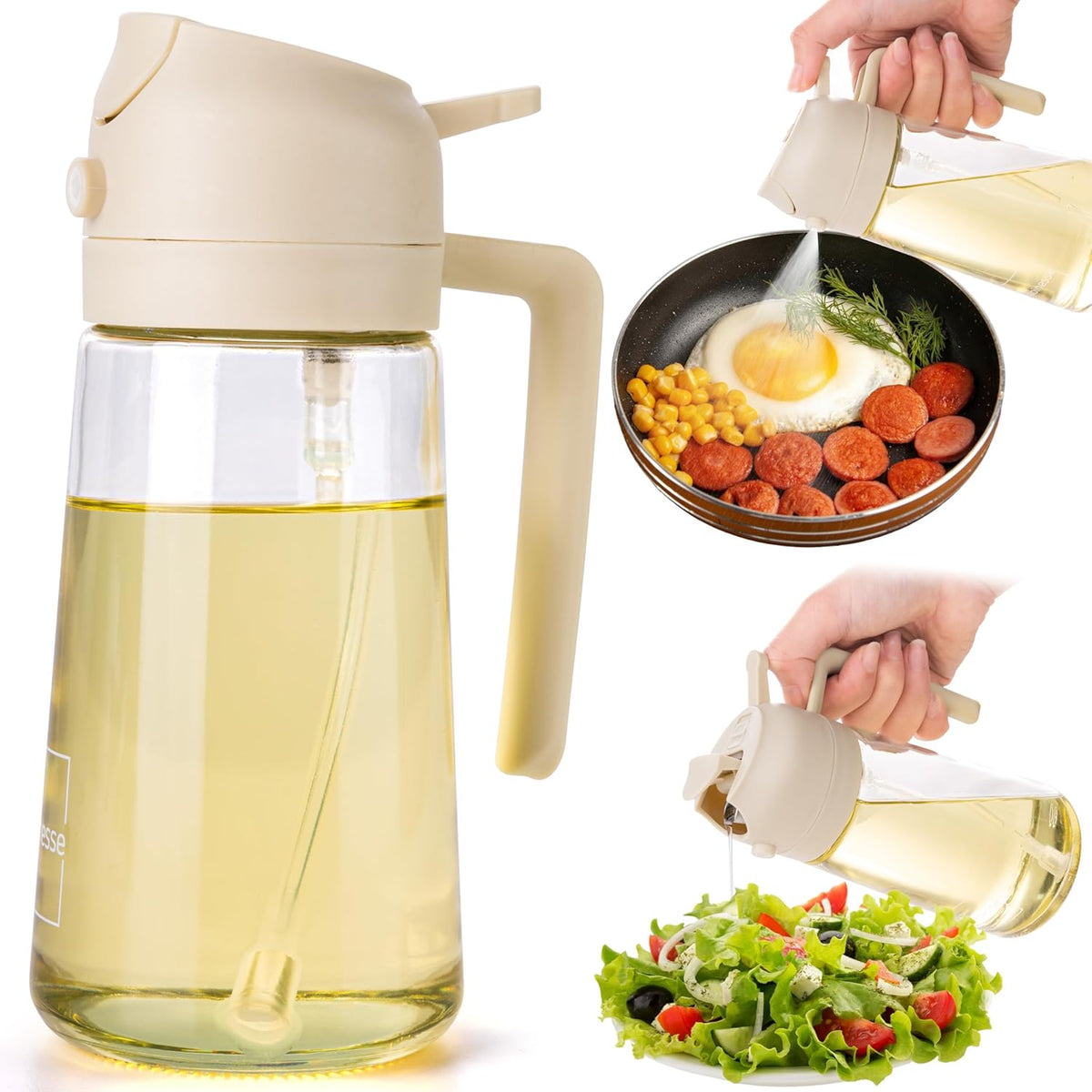 2 in 1 Oil Dispenser and Oil Sprayer for Cooking, 16oz/470ml Glass Olive Oil Dispenser Bottle Kitchen Gadget & Air Fryer Accessories for Salad, BBQ, Frying and Baking (Yellow)