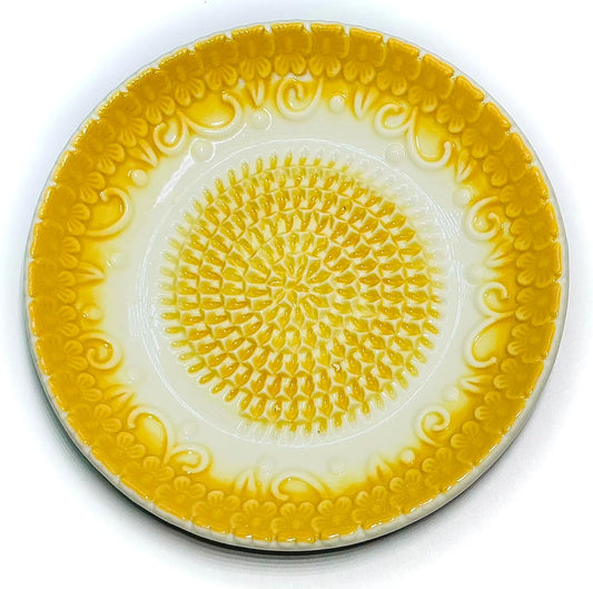 Premium Ceramic Garlic Grater Plate Set - Yellow Embossed | Includes 5.25" Plate, Peeler, Brush, and Stand - For Strawberries, Ginger, Chocolate, Cheese, and more - Make your own puree!