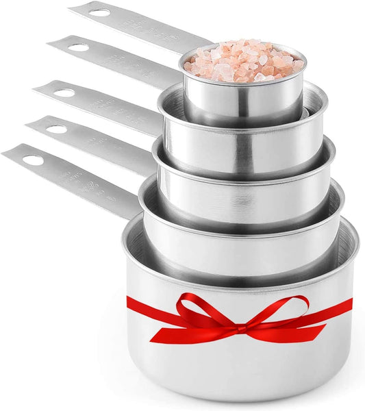 Stainless Steel Measuring Cups Set, 5-Piece, 1-Pack | Satin-brushed Steel, Engraved Metric and US Standard Markings, Elongated Handles, Nesting Ring Storage, and Dishwasher Safe