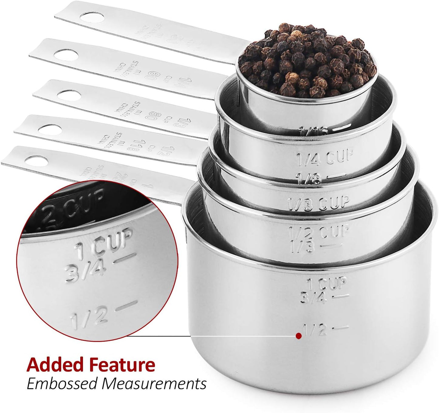 Stainless Steel Measuring Cups Set, 5-Piece, 1-Pack | Satin-brushed Steel, Engraved Metric and US Standard Markings, Elongated Handles, Nesting Ring Storage, and Dishwasher Safe