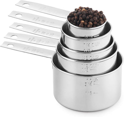 Stainless Steel Measuring Cups Set, 5-Piece, 1-Pack | Satin-brushed Steel, Engraved Metric and US Standard Markings, Elongated Handles, Nesting Ring Storage, and Dishwasher Safe