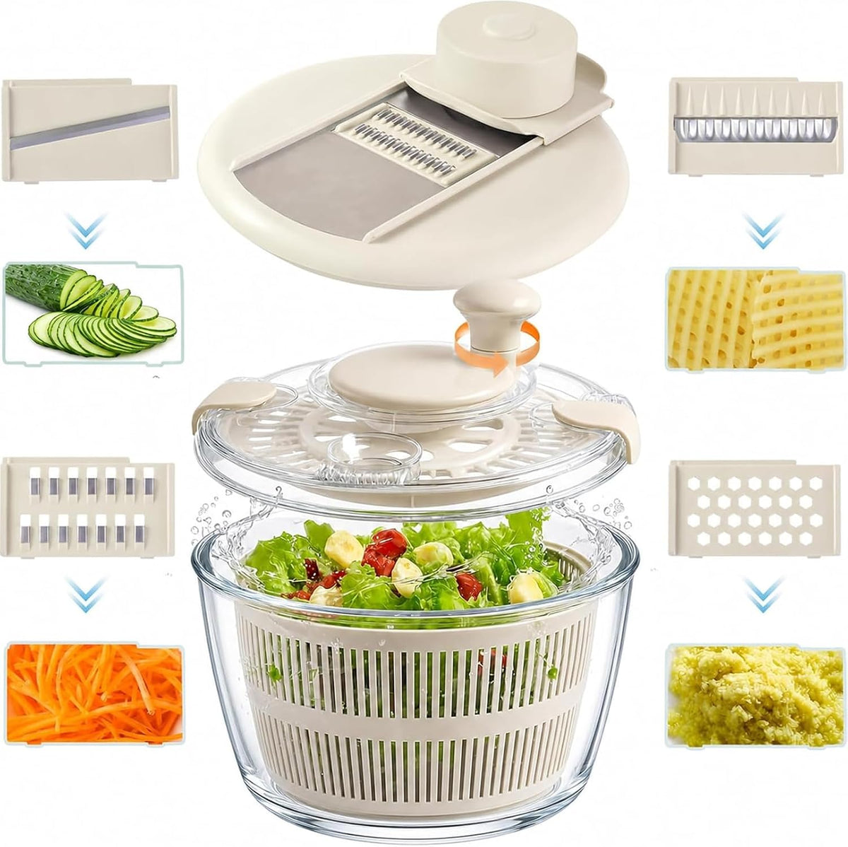 Borosilicate Glass Large Salad Spinner Vegetable Washer 5.2 Quart BPA-Free Slicer Drain with 5 Chopping Blades Dishwasher Safe Handle Washing and Dehydrating Lettuce Fruit Veggie Bowl