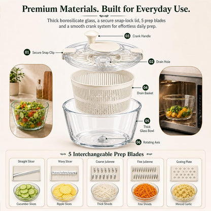 Borosilicate Glass Large Salad Spinner Vegetable Washer 5.2 Quart BPA-Free Slicer Drain with 5 Chopping Blades Dishwasher Safe Handle Washing and Dehydrating Lettuce Fruit Veggie Bowl