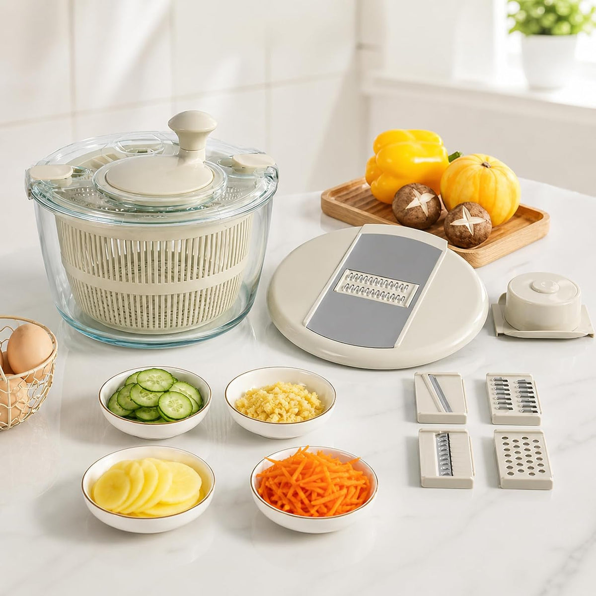 Borosilicate Glass Large Salad Spinner Vegetable Washer 5.2 Quart BPA-Free Slicer Drain with 5 Chopping Blades Dishwasher Safe Handle Washing and Dehydrating Lettuce Fruit Veggie Bowl