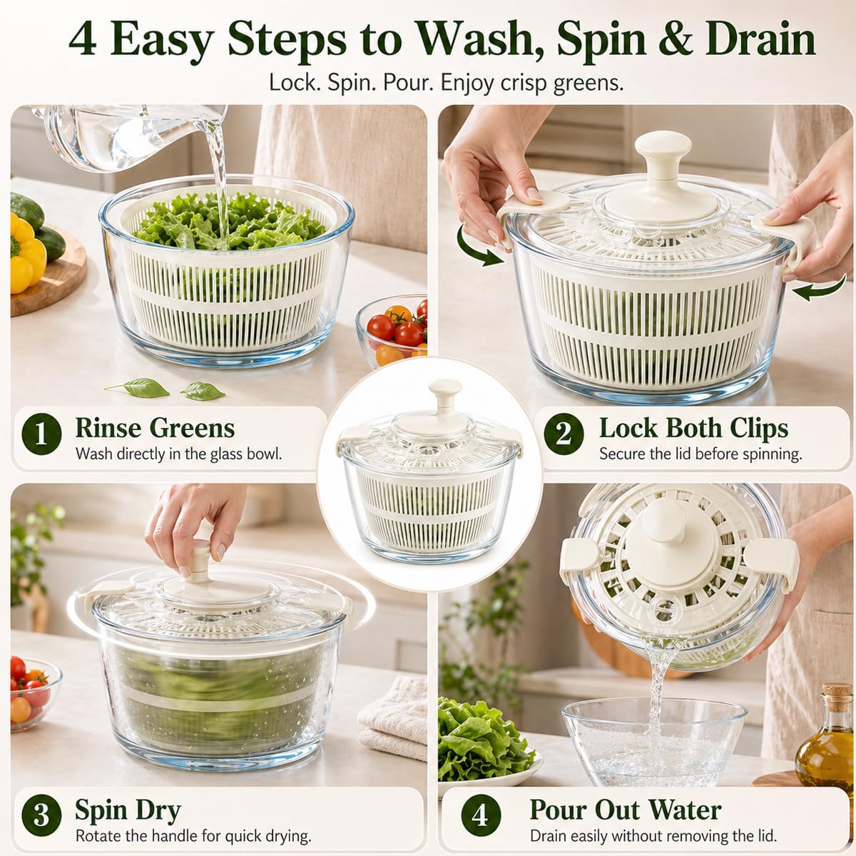 Borosilicate Glass Large Salad Spinner Vegetable Washer 5.2 Quart BPA-Free Slicer Drain with 5 Chopping Blades Dishwasher Safe Handle Washing and Dehydrating Lettuce Fruit Veggie Bowl